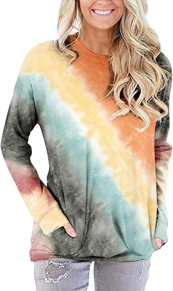 LYCKYY Women's Tie Dye Sweatshirt Crewneck Long Sleeve Pullover Tops with Pockets
